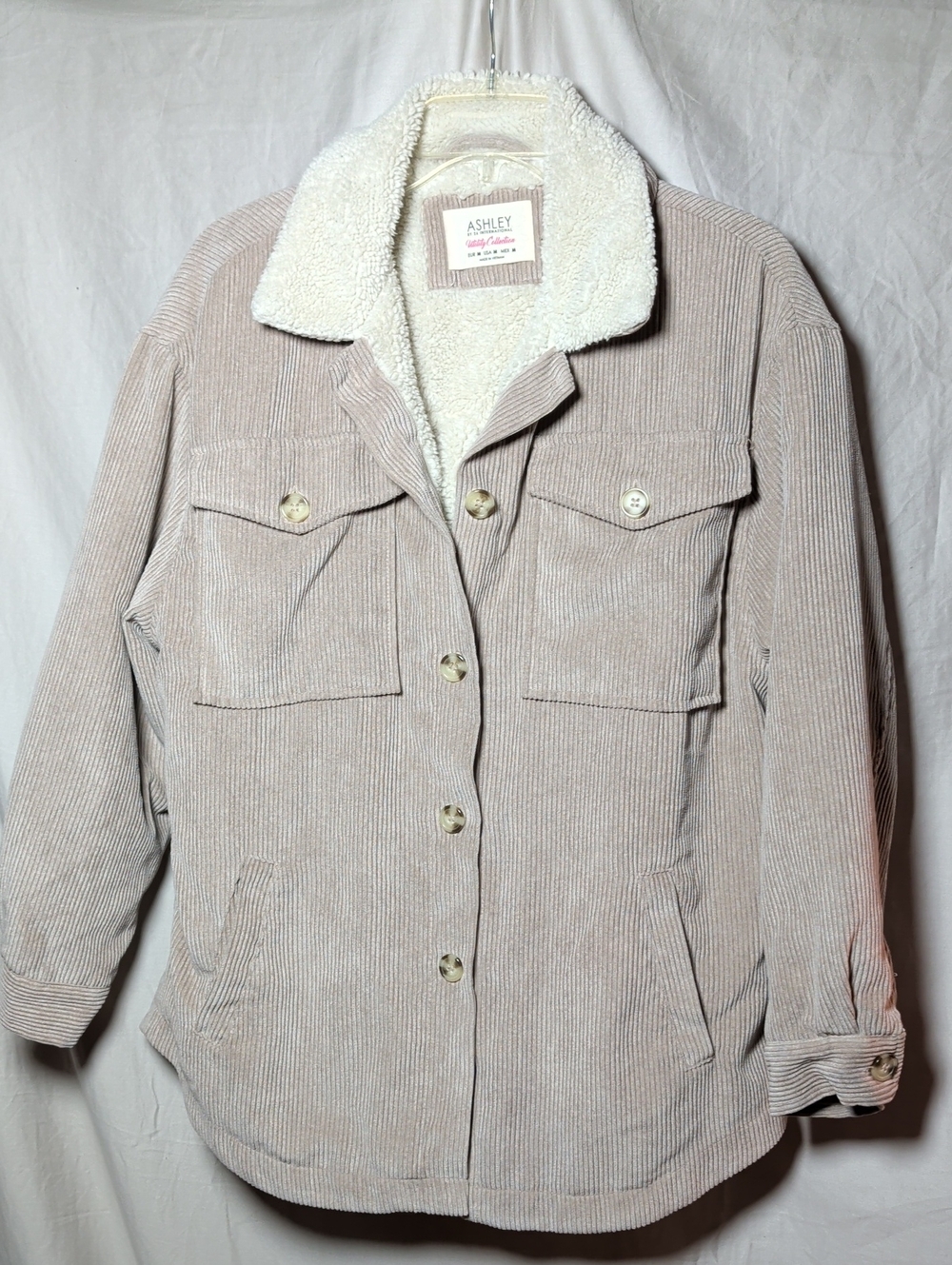 Ashley By 26 International Cream Corduroy Sherpa Jacket Cold Weather Wear